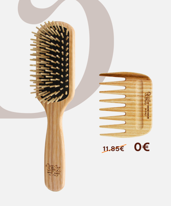 Duo brosse rectangulaire en Frêne naturel à Picots courts + peigne offert